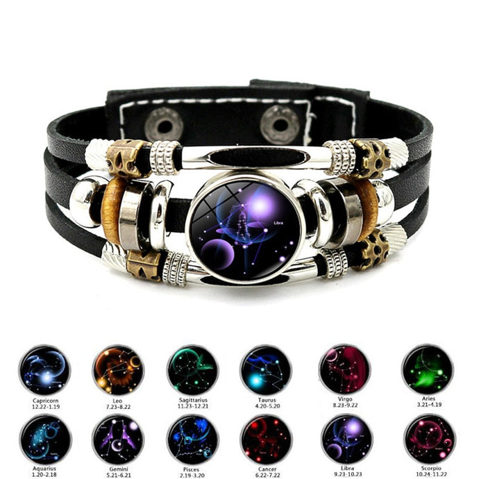 Unisex Luminous 12 Constellation Zodiac Sign Snap Button Leather Bracelets