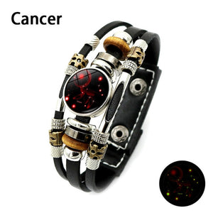 Unisex Luminous 12 Constellation Zodiac Sign Snap Button Leather Bracelets