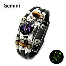 Load image into Gallery viewer, Unisex Luminous 12 Constellation Zodiac Sign Snap Button Leather Bracelets