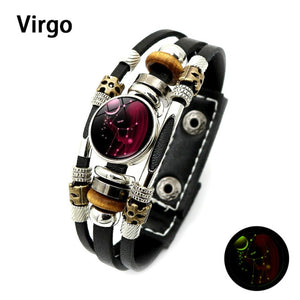 Unisex Luminous 12 Constellation Zodiac Sign Snap Button Leather Bracelets