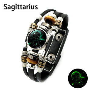 Unisex Luminous 12 Constellation Zodiac Sign Snap Button Leather Bracelets