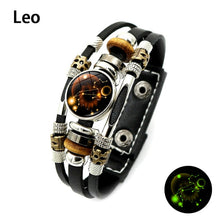 Load image into Gallery viewer, Unisex Luminous 12 Constellation Zodiac Sign Snap Button Leather Bracelets