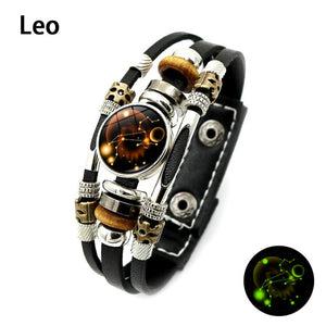 Unisex Luminous 12 Constellation Zodiac Sign Snap Button Leather Bracelets