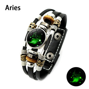 Unisex Luminous 12 Constellation Zodiac Sign Snap Button Leather Bracelets