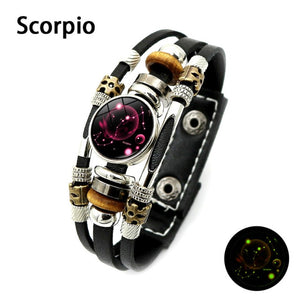 Unisex Luminous 12 Constellation Zodiac Sign Snap Button Leather Bracelets