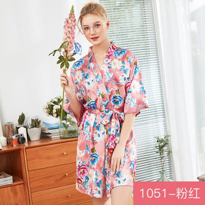 Ice silk pajamas women's silk nightgown large home Nightgown bathrobe Two piece women's suit