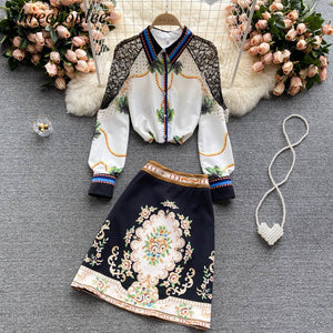 2021 Autumn 2 Piece Set For Women Printed Long Sleeve Blouses Tops And High Waist Slim Skirt Chic Elegant Female Office Suits