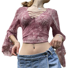 Load image into Gallery viewer, Vintage Women Mesh Cardigan T-Shirt with Flare Long Sleeve Button Down Lace