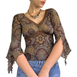 Vintage Women Mesh Cardigan T-Shirt with Flare Long Sleeve Button Down Lace