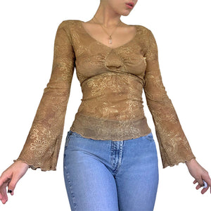 Vintage Women Mesh Cardigan T-Shirt with Flare Long Sleeve Button Down Lace