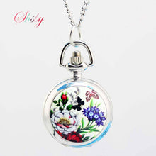 Load image into Gallery viewer, shsby Vintage pocket Watches with Flower Design and Silver Chain Necklace