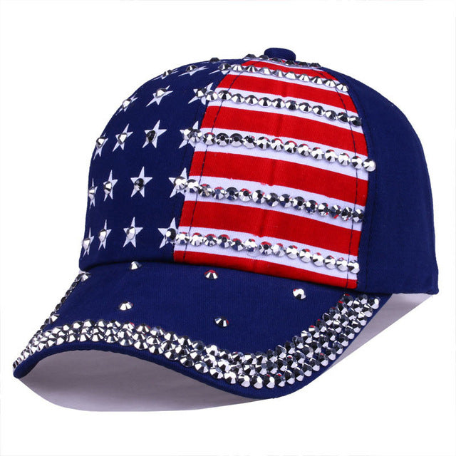 Bling Rhinestone Stripe Stars American Flag Baseball Cap with Snap Back