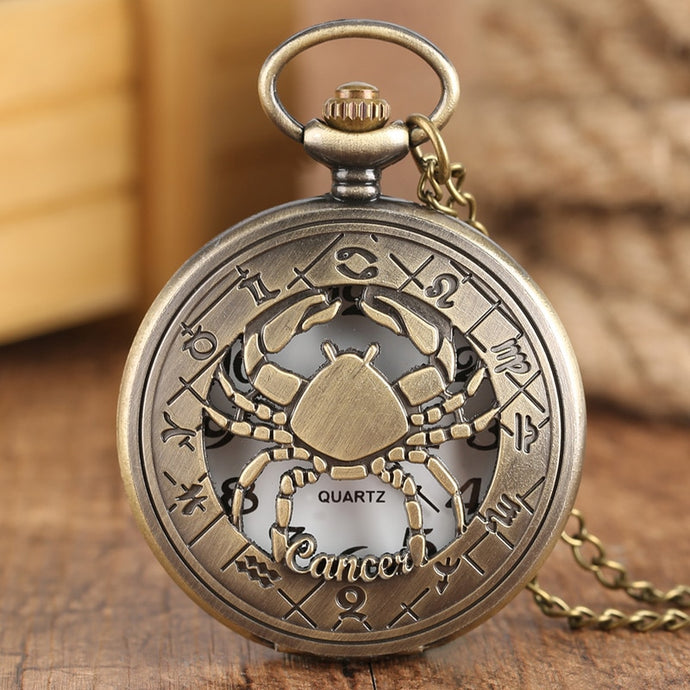 12 Constellation Astrology Zodiac Retro Bronze Pocket Watch