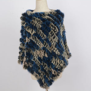 Women's Knitted Poncho with  Real Rabbit Fur