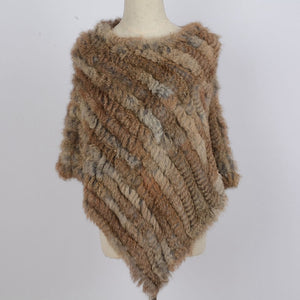 Women's Knitted Poncho with  Real Rabbit Fur