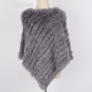 Women's Knitted Poncho with  Real Rabbit Fur