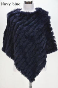 Women's Knitted Poncho with  Real Rabbit Fur