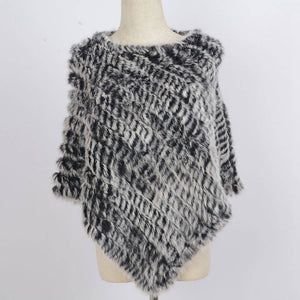 Women's Knitted Poncho with  Real Rabbit Fur