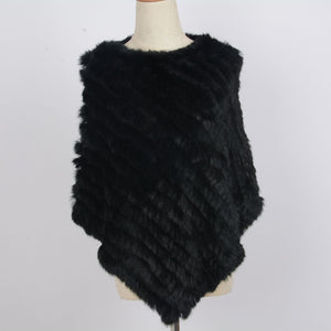 Women's Knitted Poncho with  Real Rabbit Fur