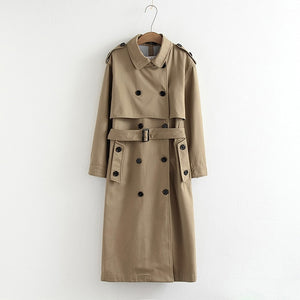 Women Vee Top Solid Color Double-Breasted Trench Coat