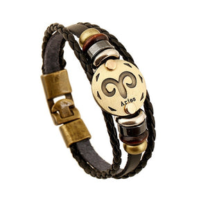 Unisex European-style 12 constellation signs leather braided bracelet