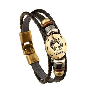 Unisex European-style 12 constellation signs leather braided bracelet